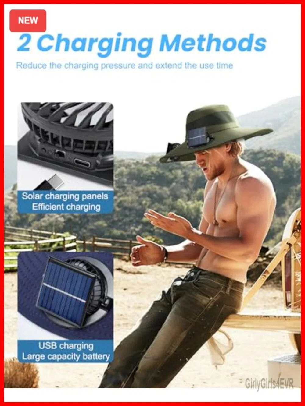 Wide Brim Sun Hat with 2 Solar Fans UPF 50+ Outdoor Fishing Essential